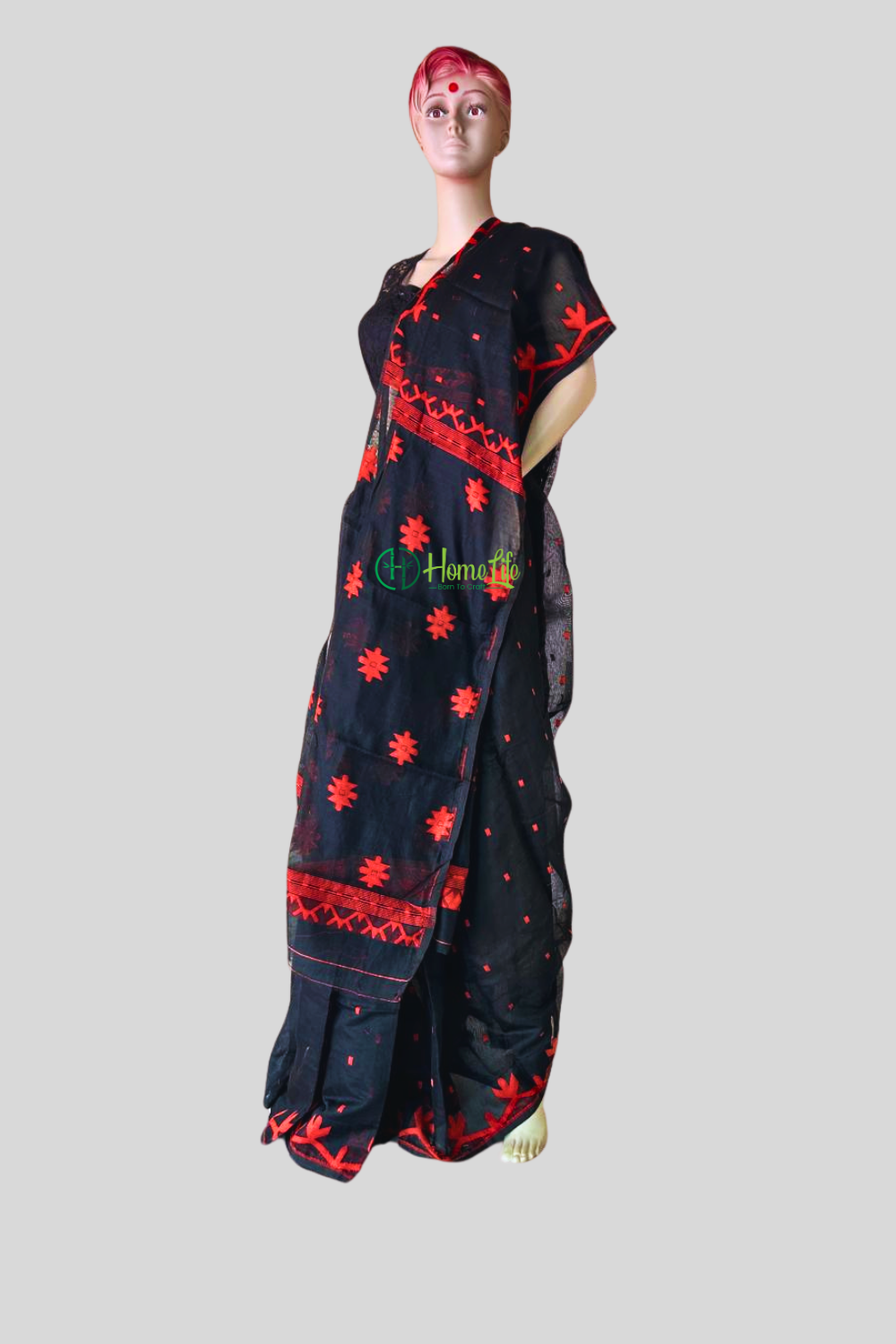 Black and red jamdani saree