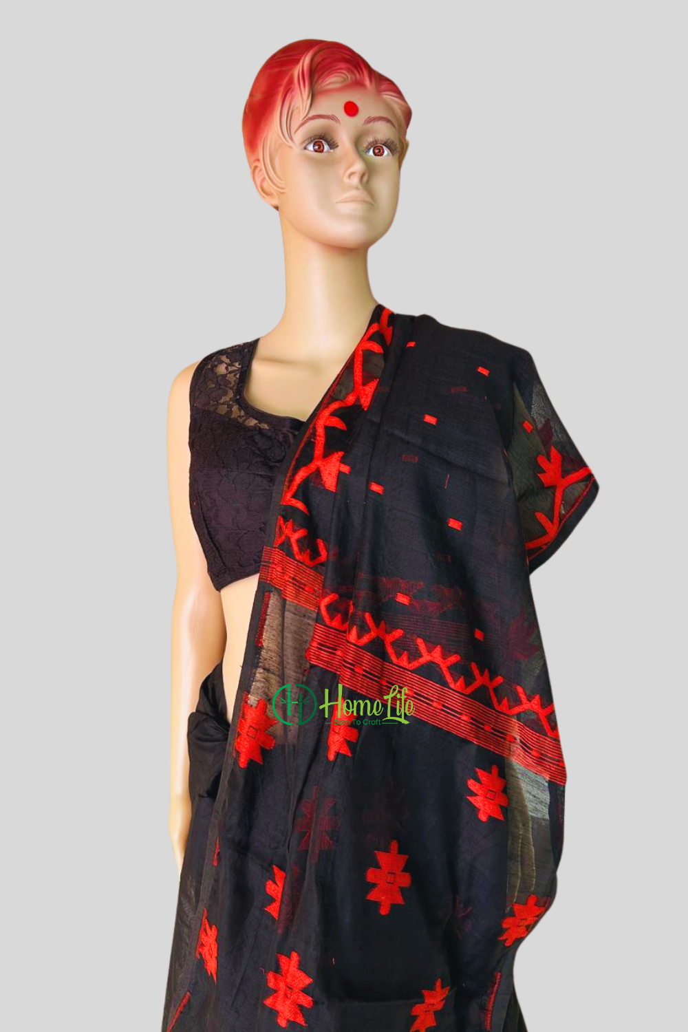 Black and red jamdani saree