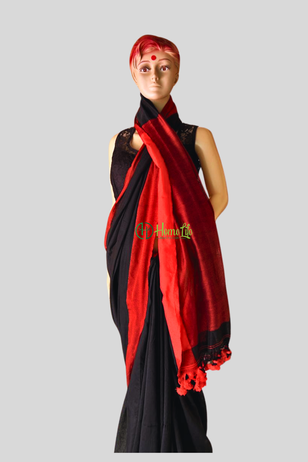 Black cotton saree with contrast border