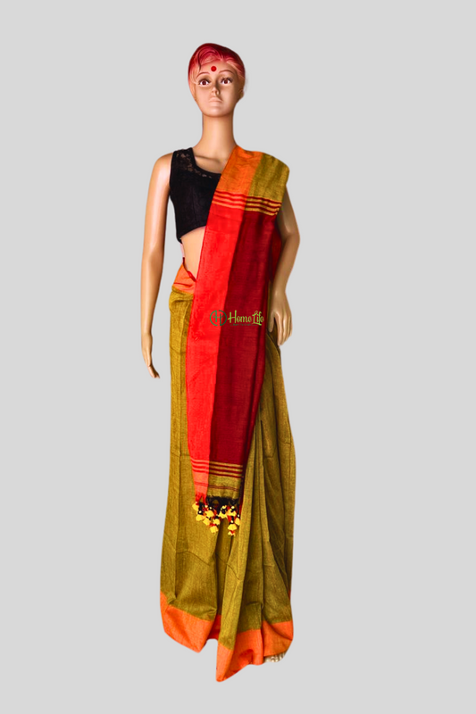 olive green saree with contrast pallu