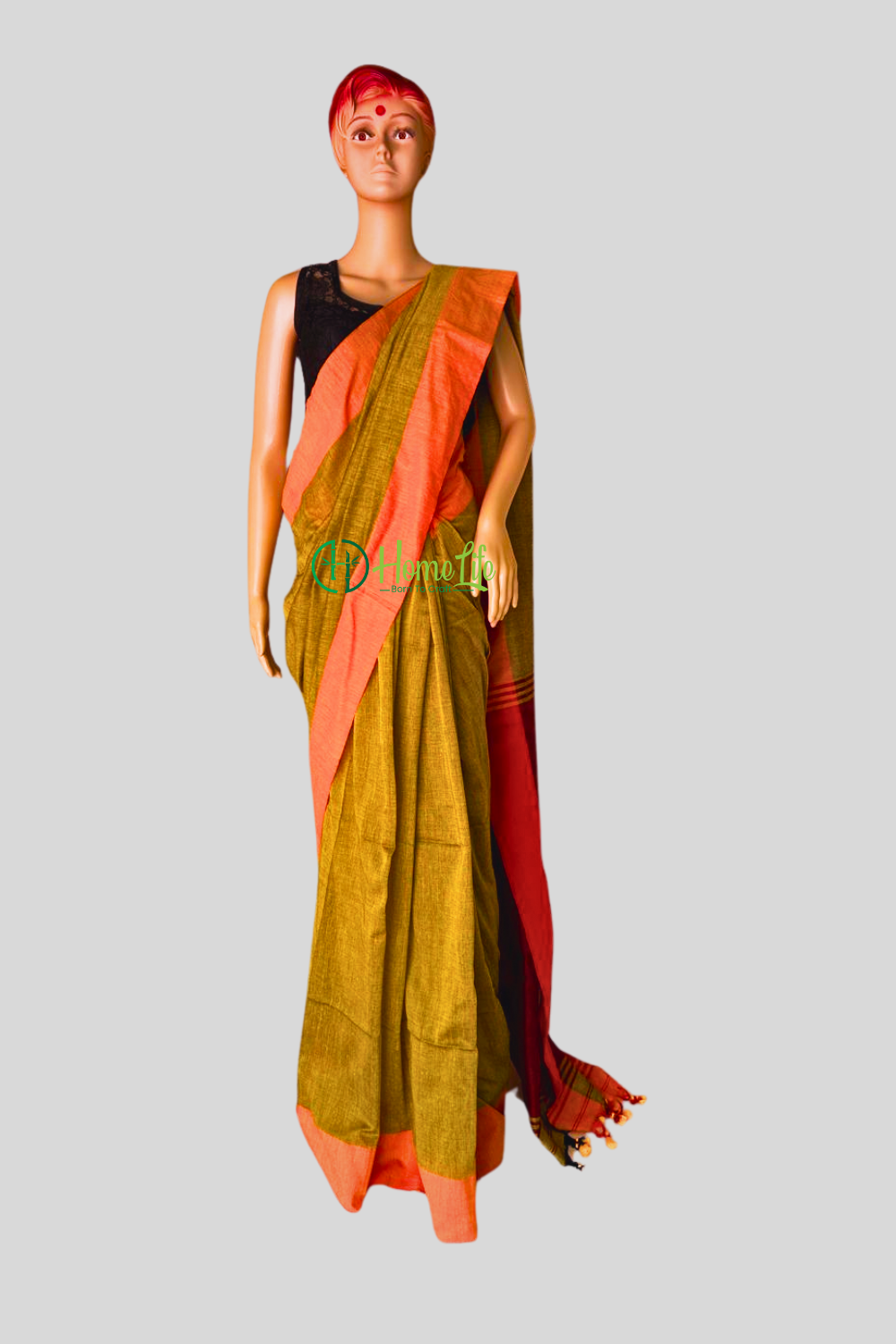 olive green saree with contrast pallu