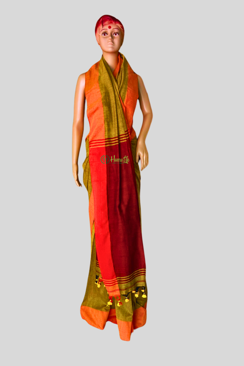olive green saree with contrast pallu