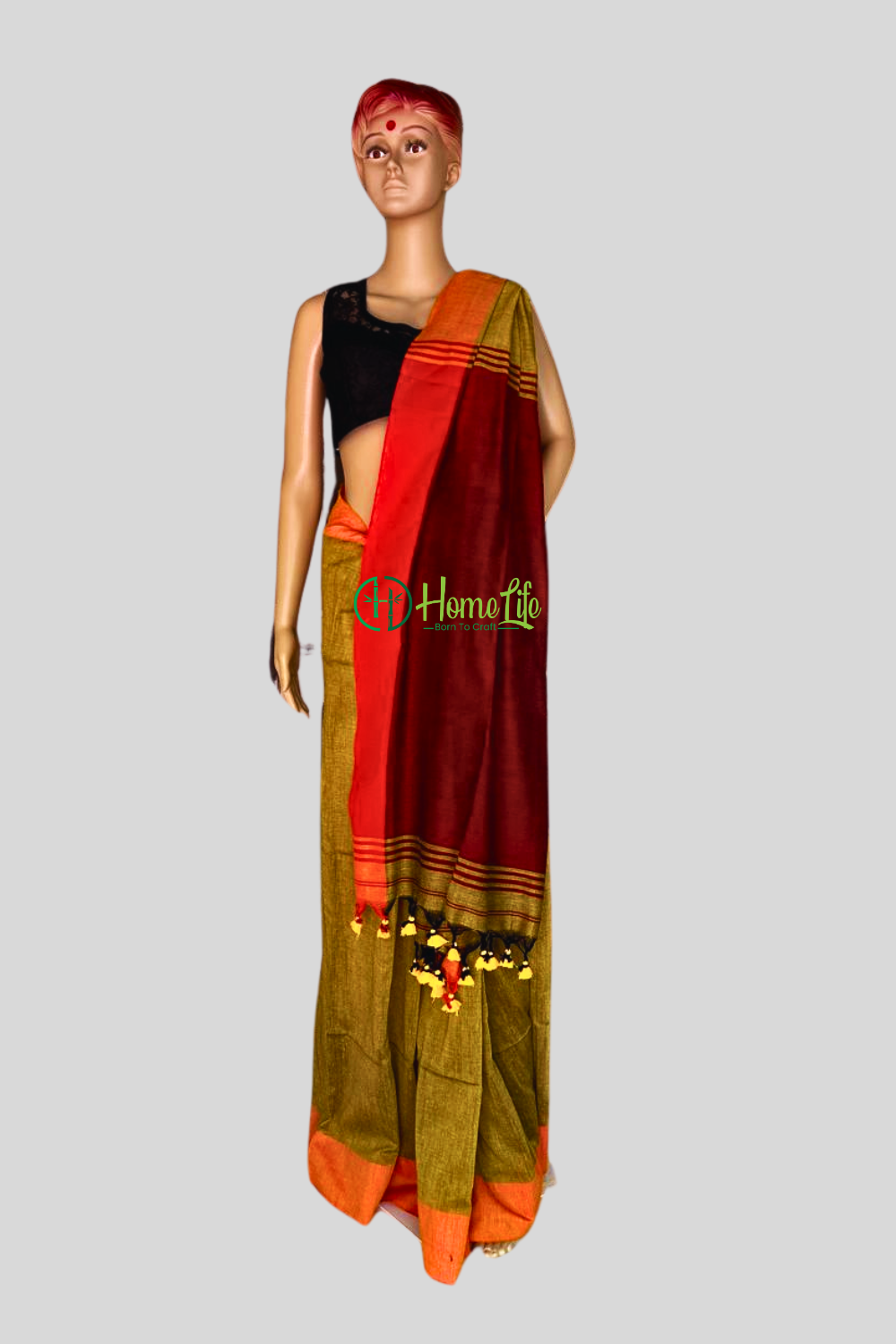 olive green saree with contrast pallu