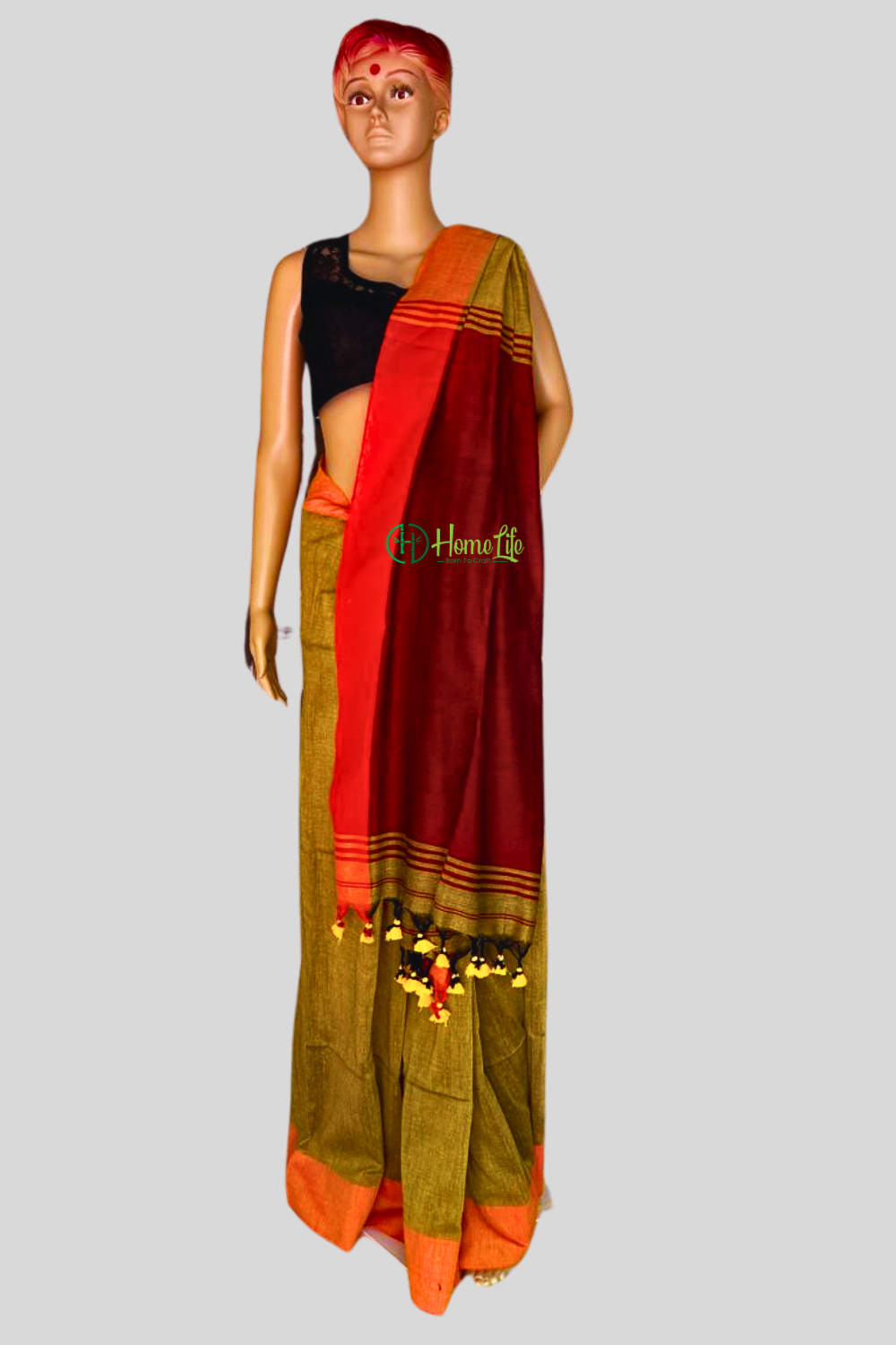 olive green saree with contrast pallu