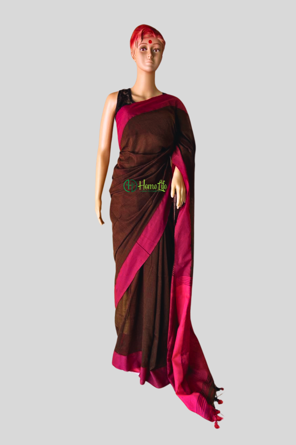 Coffee brown cotton saree with contrast border