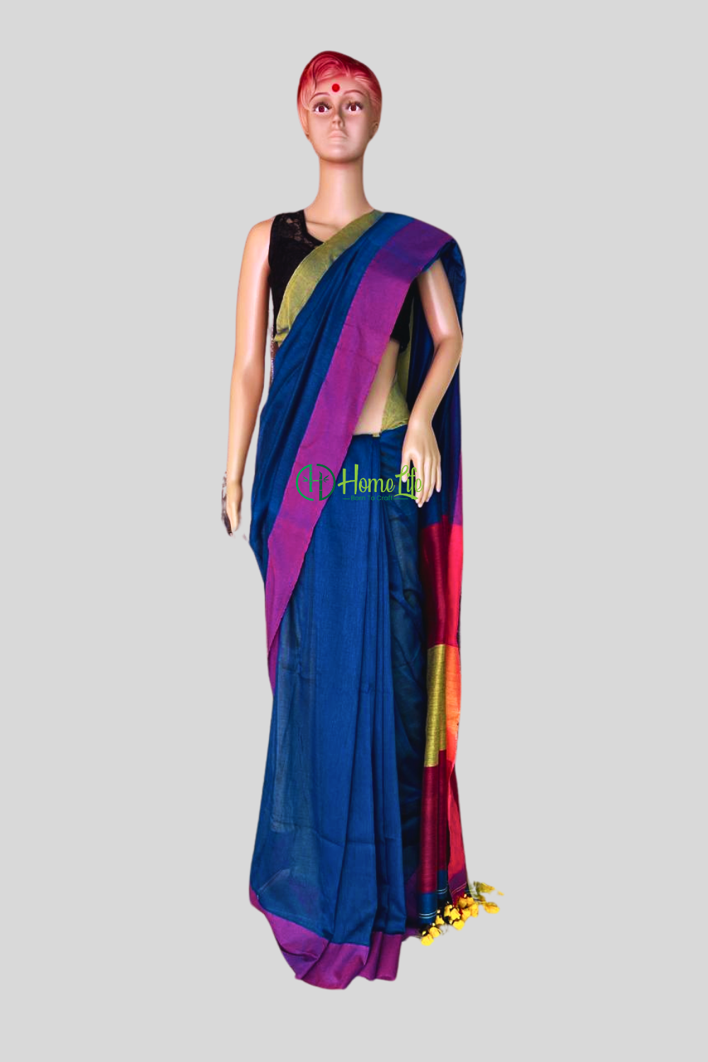 Teal blue cotton saree with contrast border