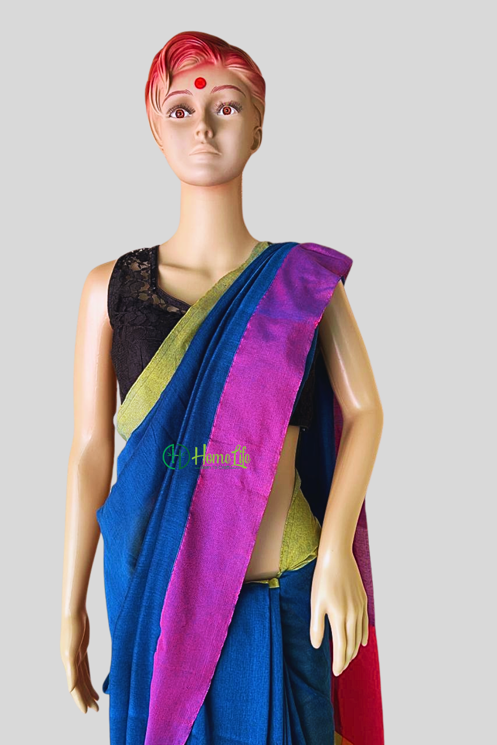Teal blue cotton saree with contrast border