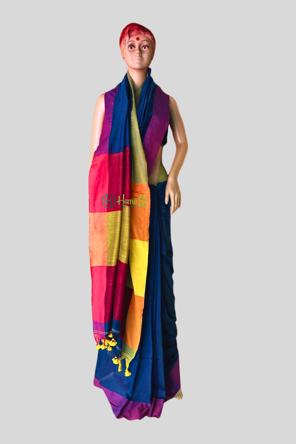 Teal blue cotton saree with contrast border