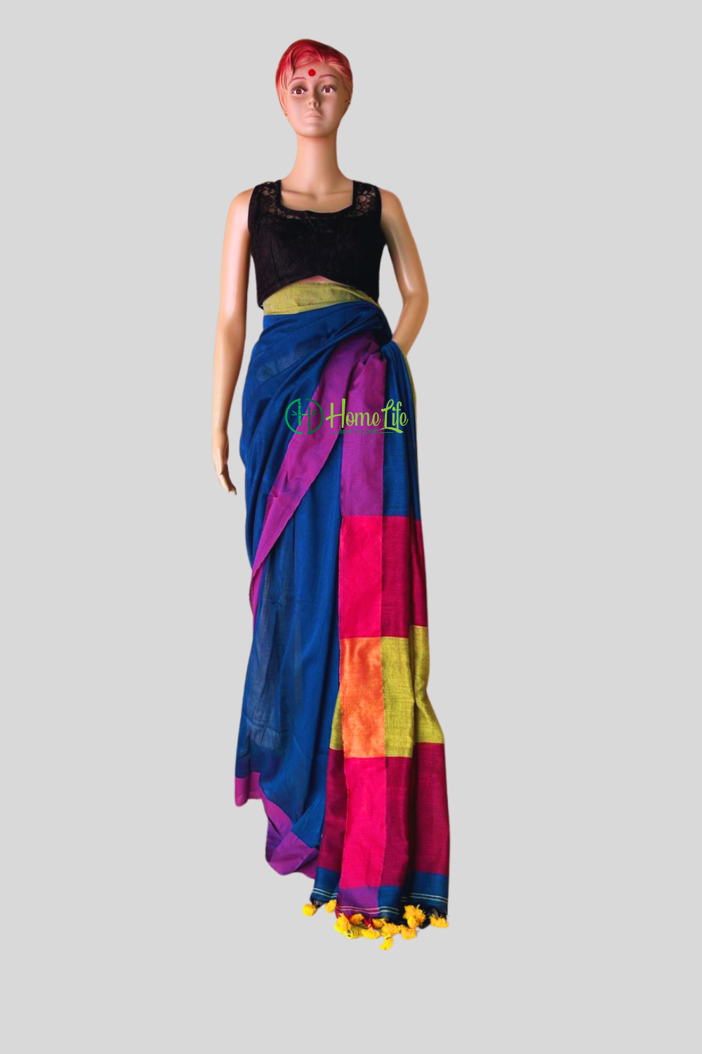Teal blue cotton saree with contrast border