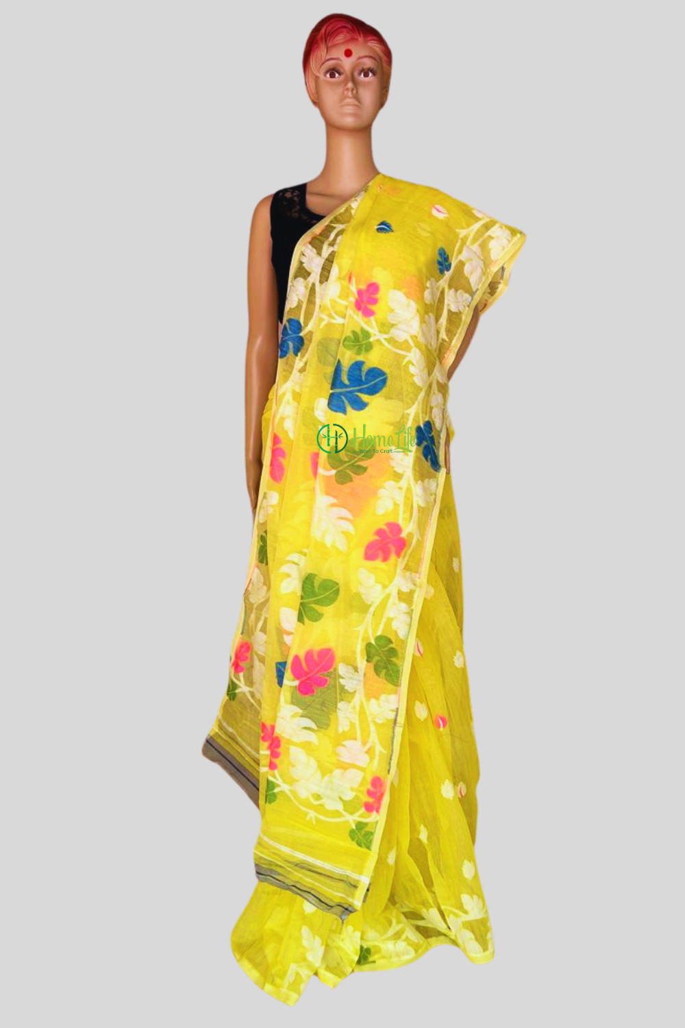 Lemon yellow Jamdani saree
