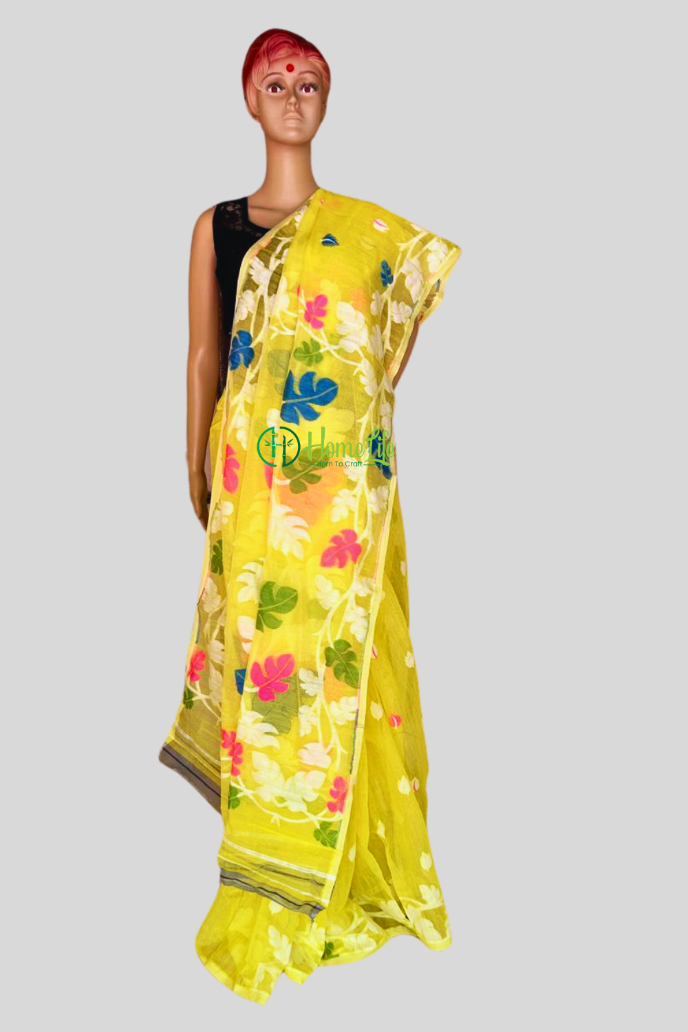 Lemon yellow Jamdani saree
