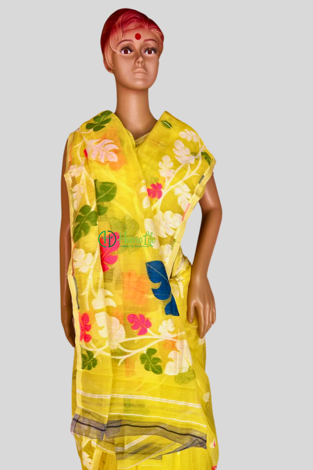 Lemon yellow Jamdani saree