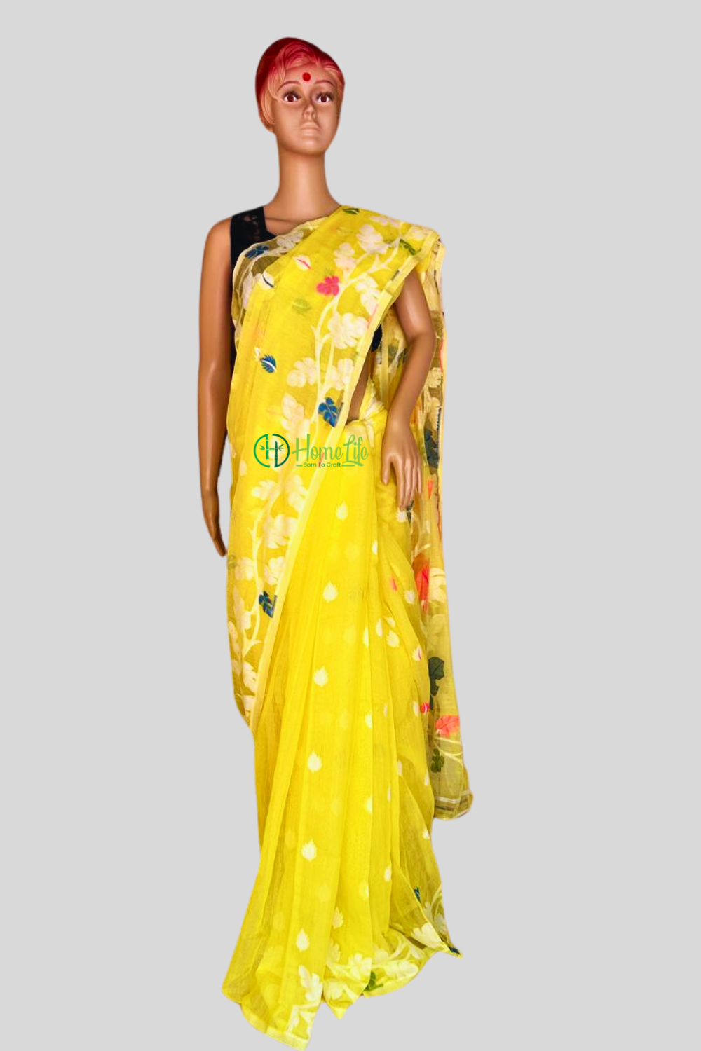 Lemon yellow Jamdani saree