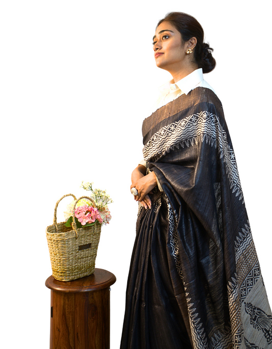 Black Printed Ghicha Saree