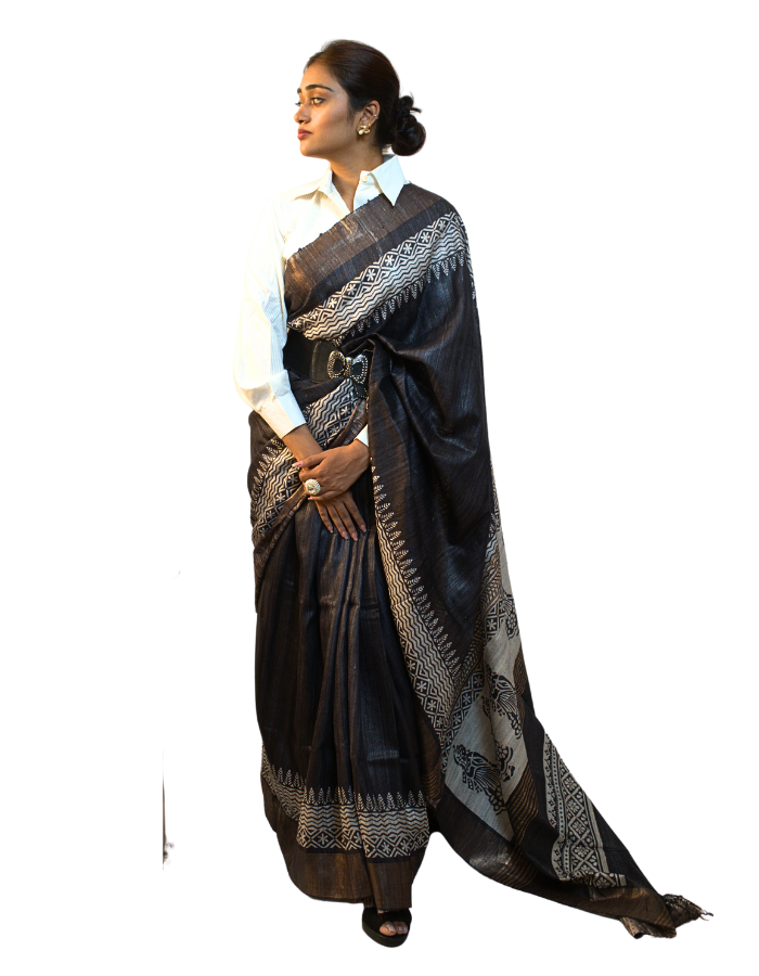 Black Printed Ghicha Saree