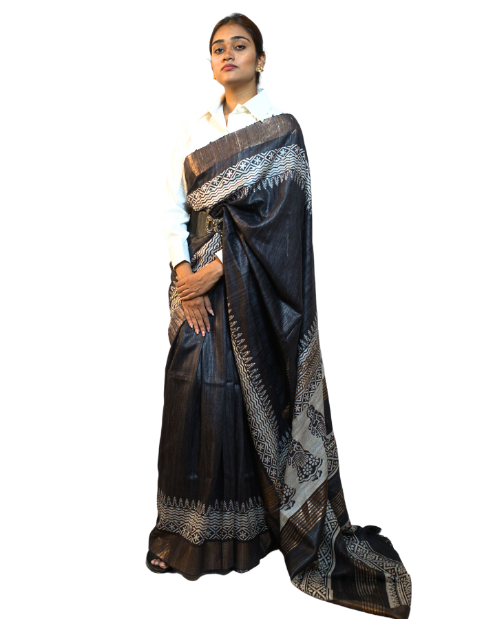 Black Printed Ghicha Saree