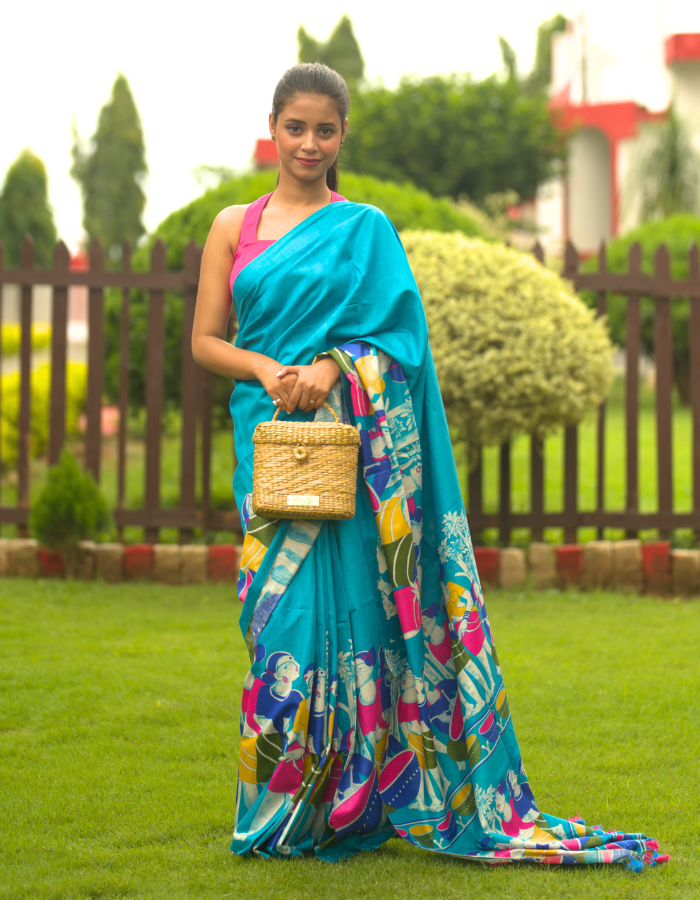Turquoise Blue Digital Printed Saree