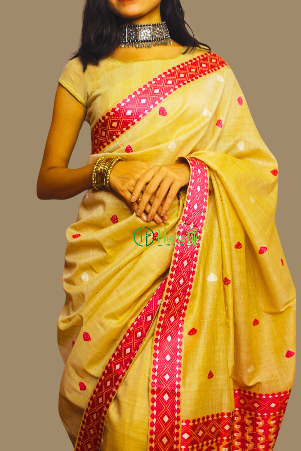 Beige and Red Assam Handloom Saree
