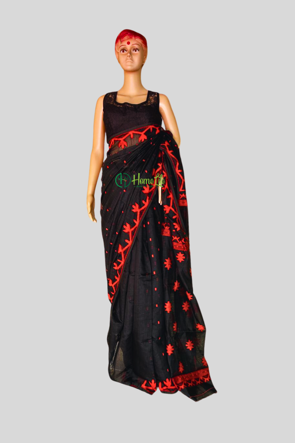 Black and red jamdani saree