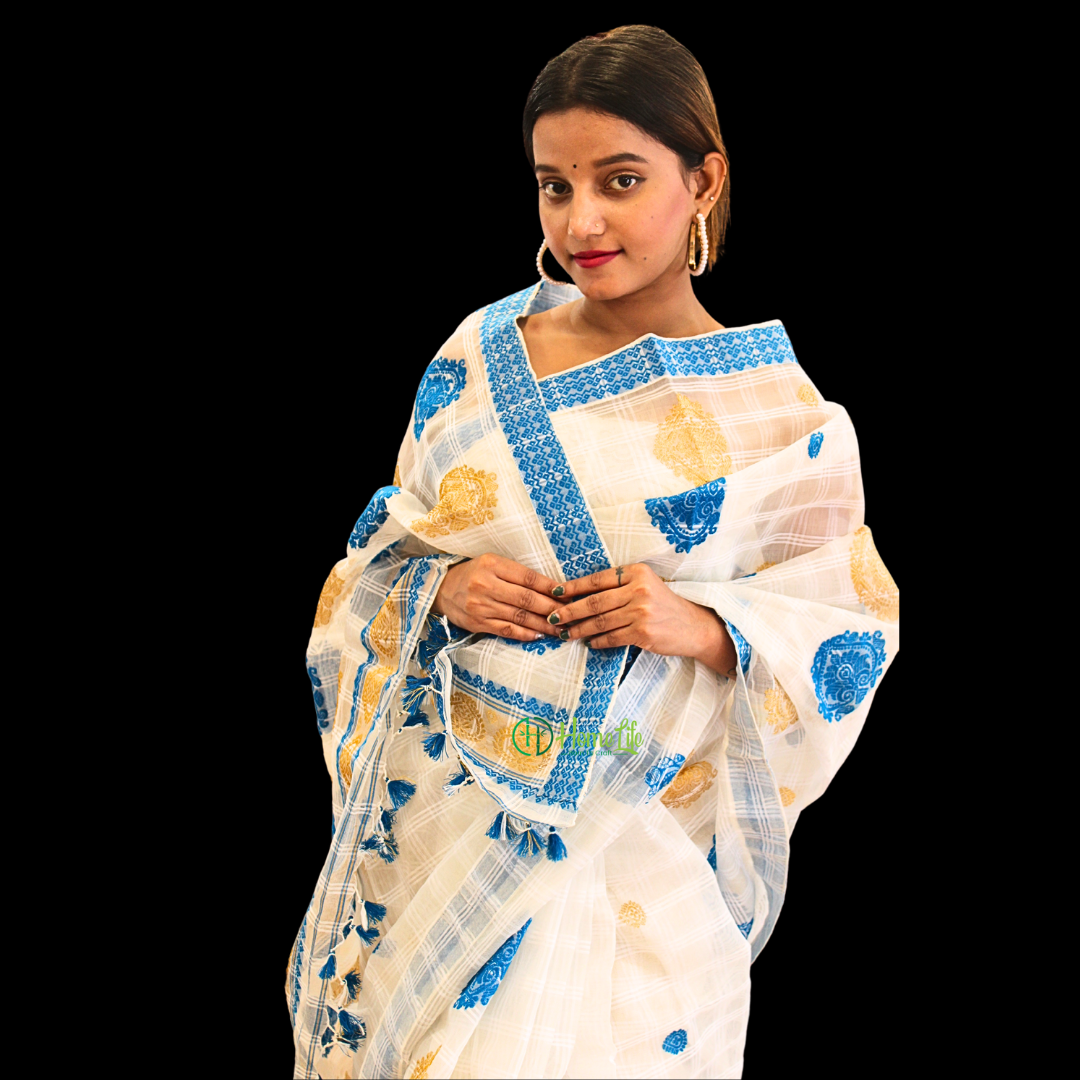 Assam handloom kesapat saree with blue motif