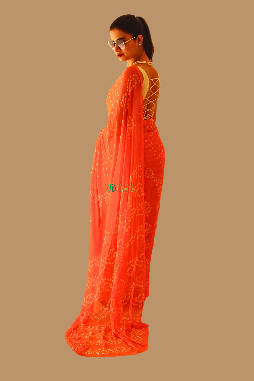 Bijli Orange Bandhej Saree