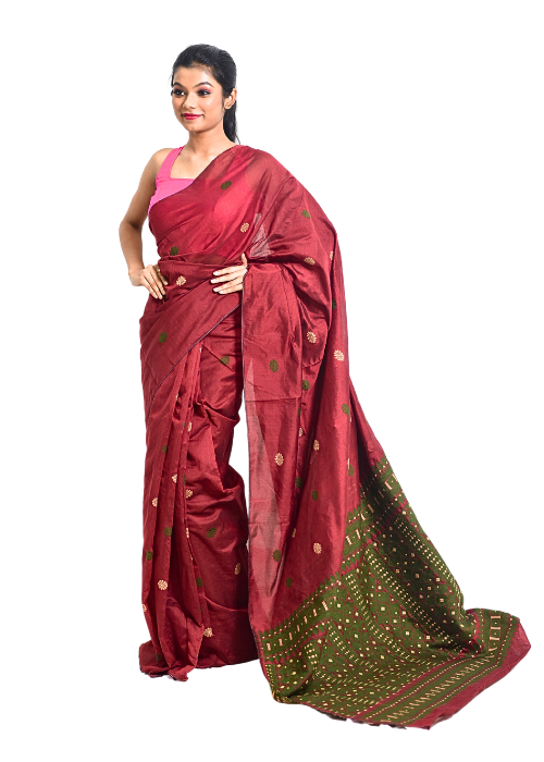 Maroon cotton saree with heavy pallu