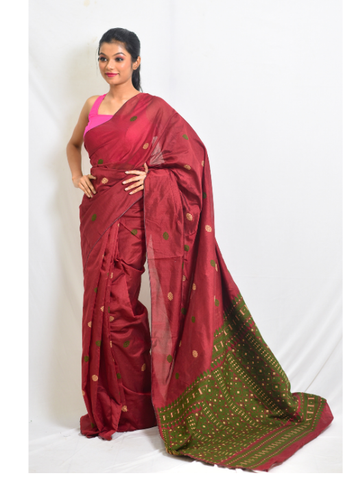 Maroon cotton saree with heavy pallu