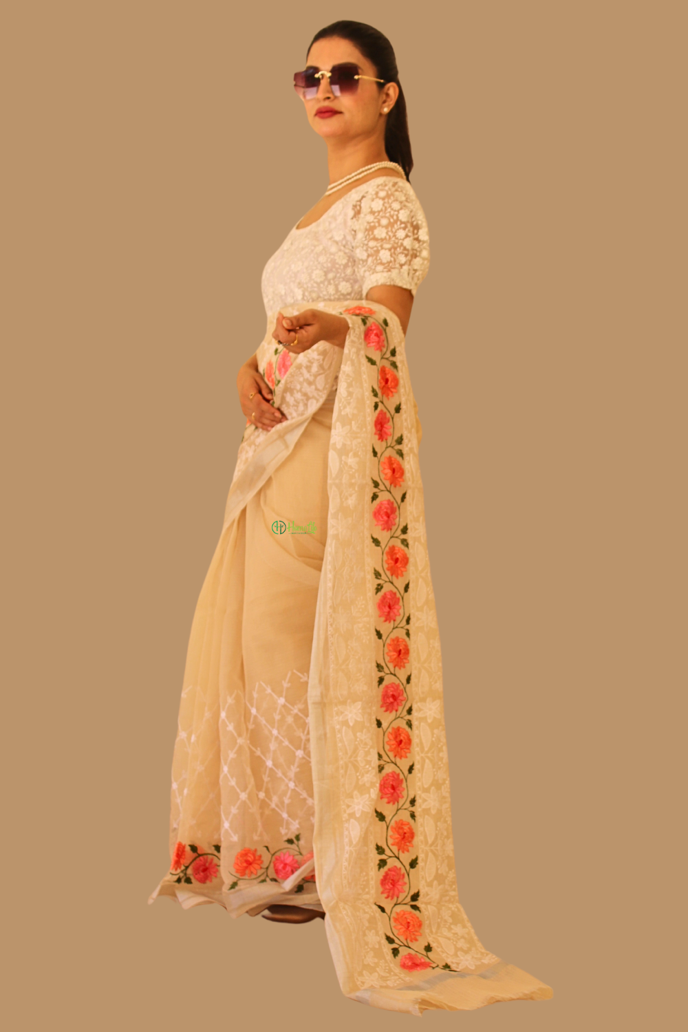 Pushpa Beige Kota Doria Saree