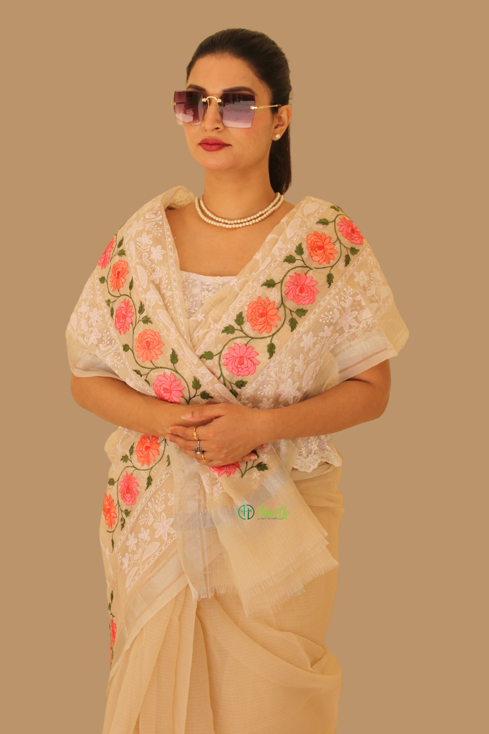 Pushpa Beige Kota Doria Saree