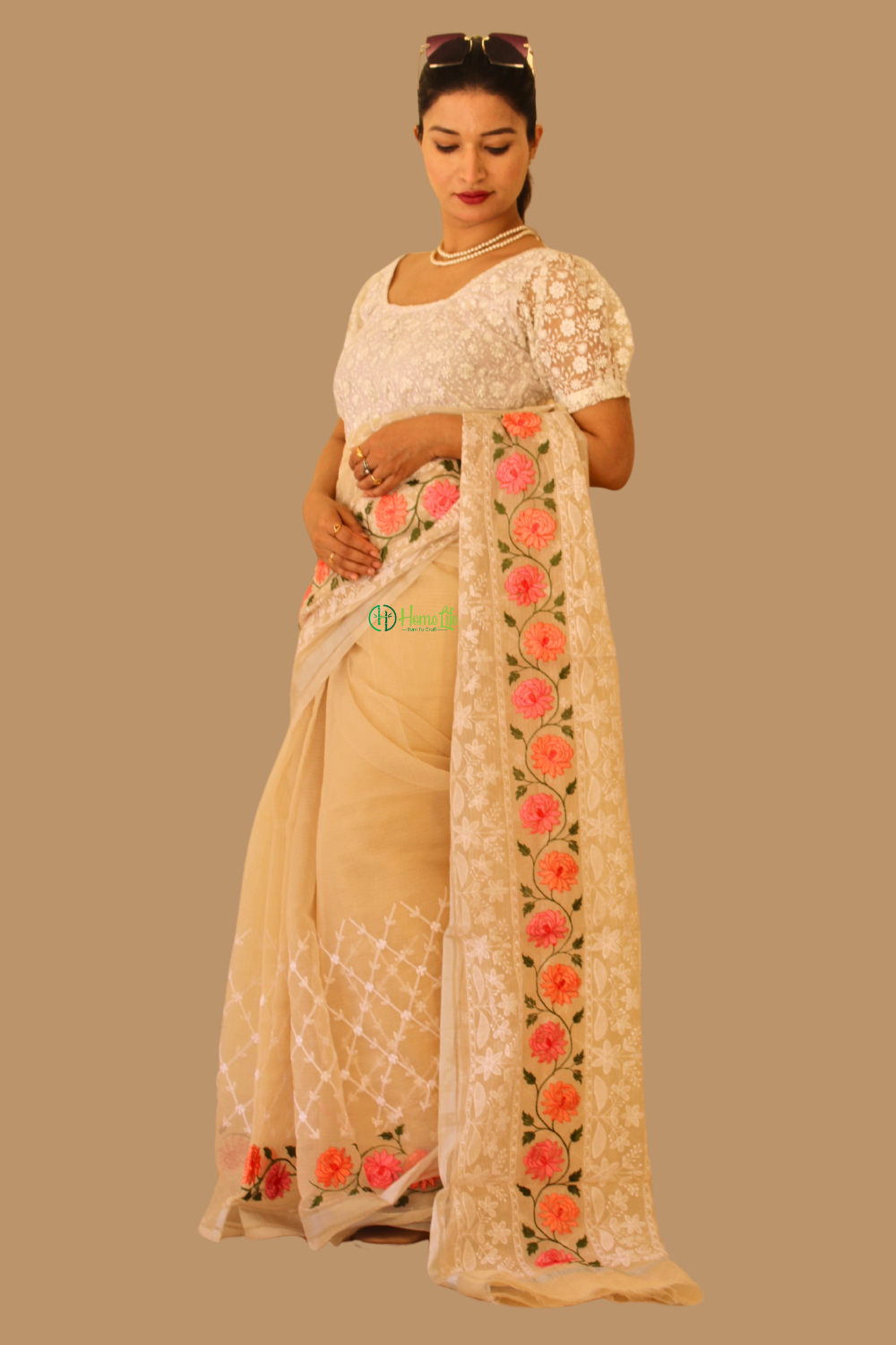 Pushpa Beige Kota Doria Saree