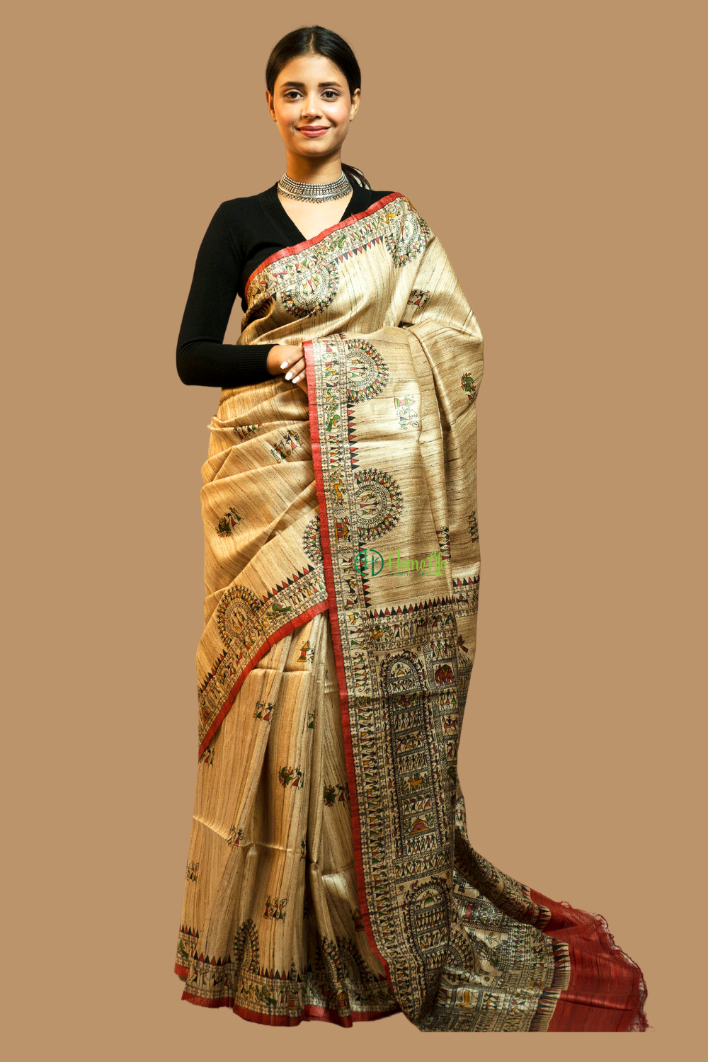 Warli Print Ghicha Silk with Natural Tone