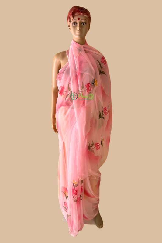 Sangeeta baby pink hand painted saree