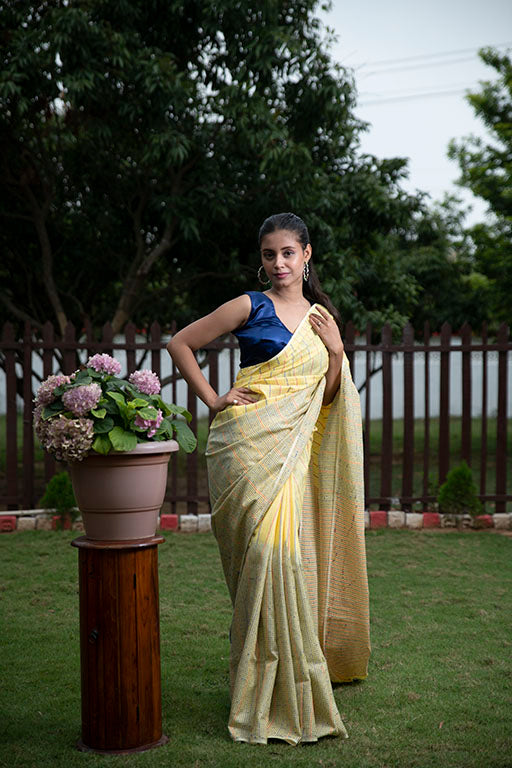 Masrize Cotton Katha saree(yellow)