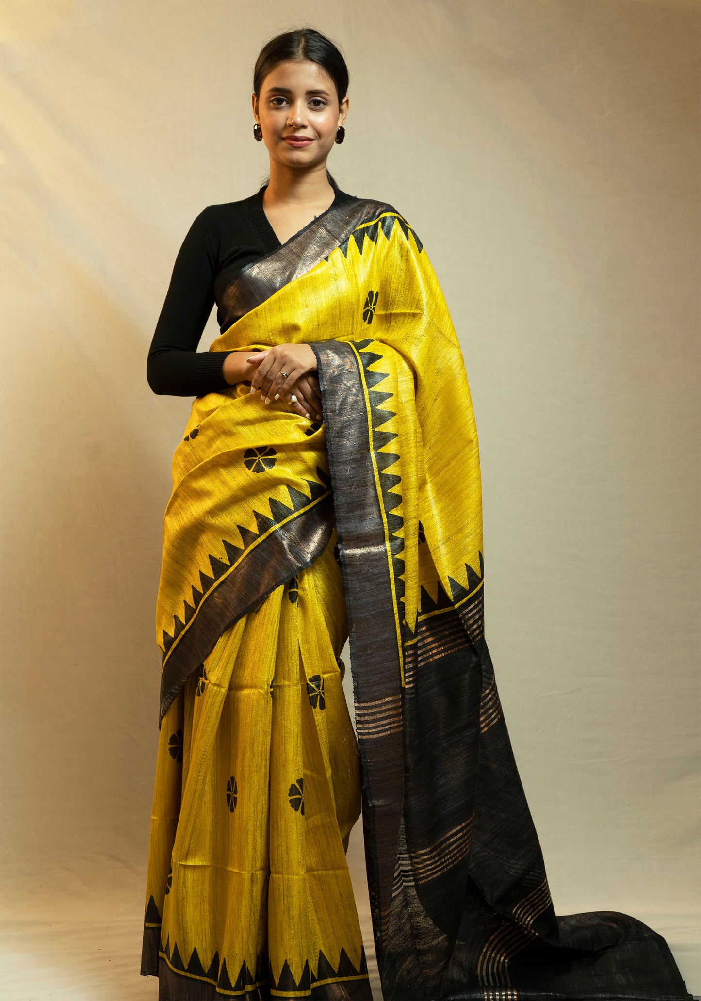 Printed Ghicha Saree (Yellow and Black)