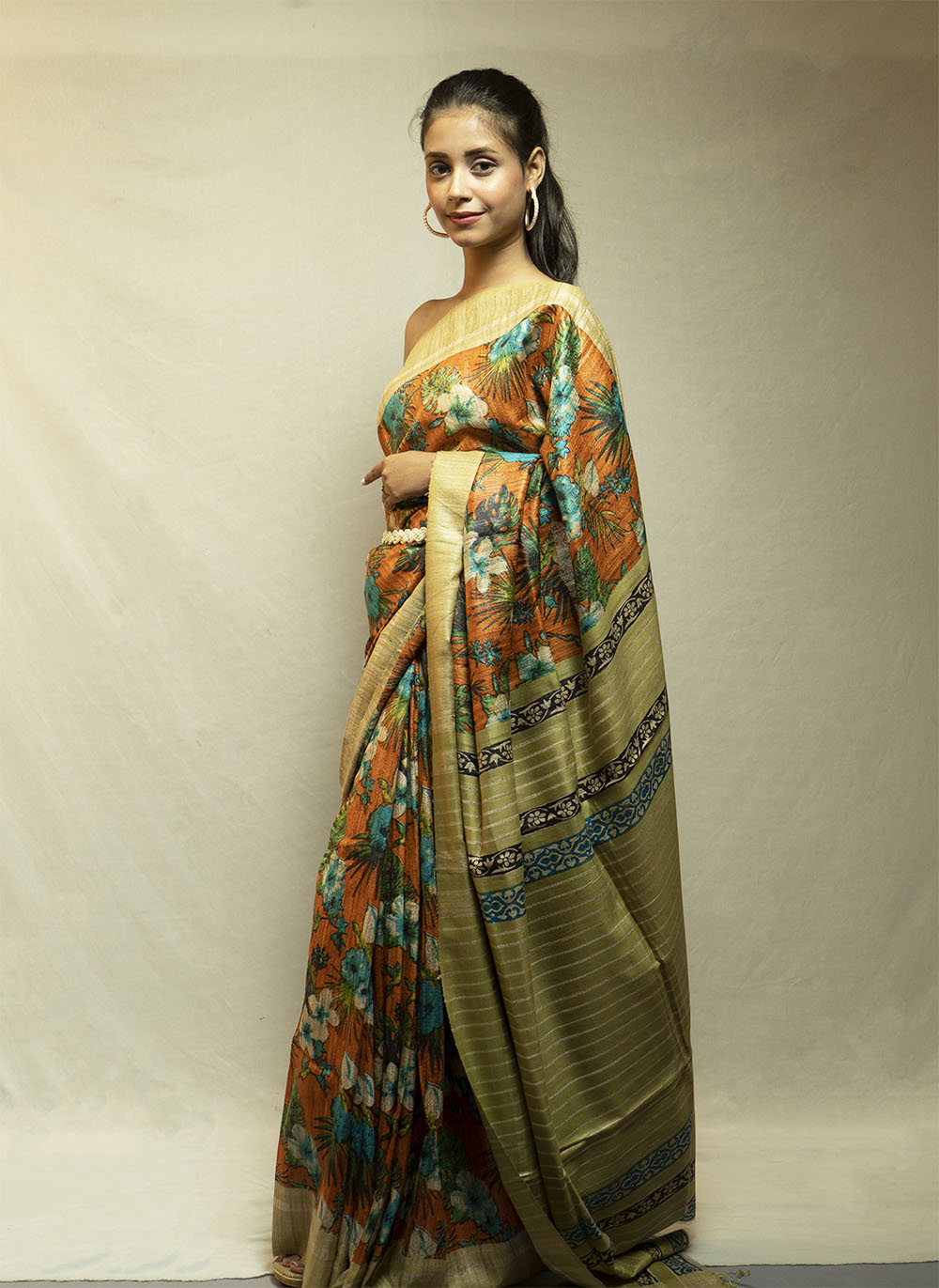 Printed Ghicha Saree (Pista Green and Orange Floral)