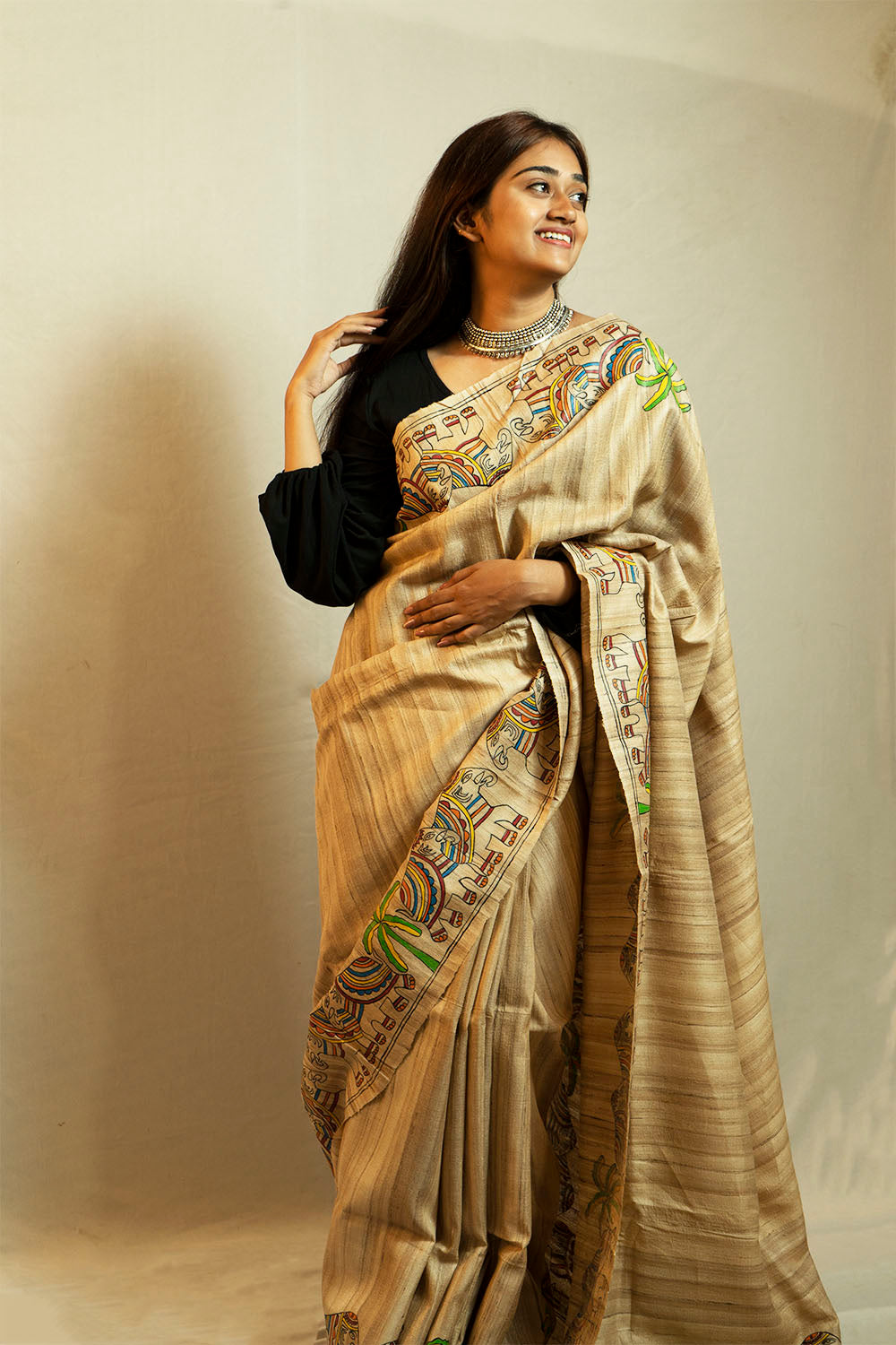 Hand Painted Beige Ghicha Saree