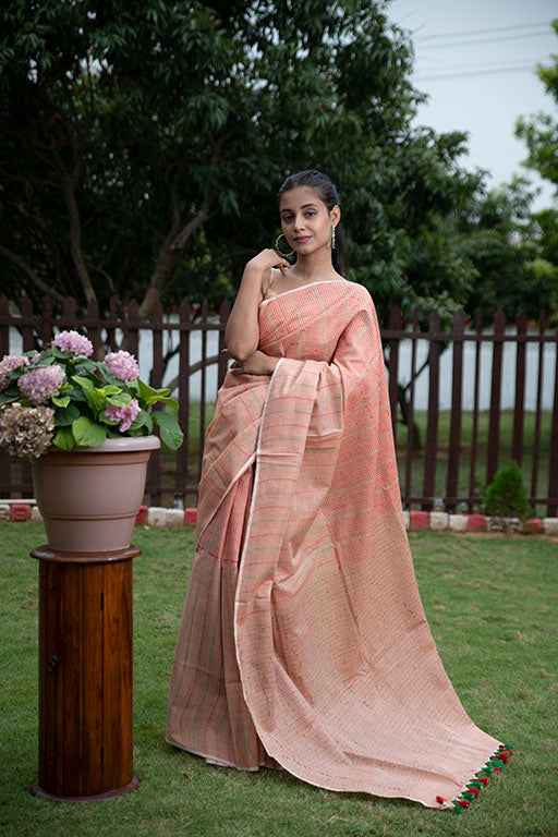 Tangerine Orange Masrize Cotton katha Saree
