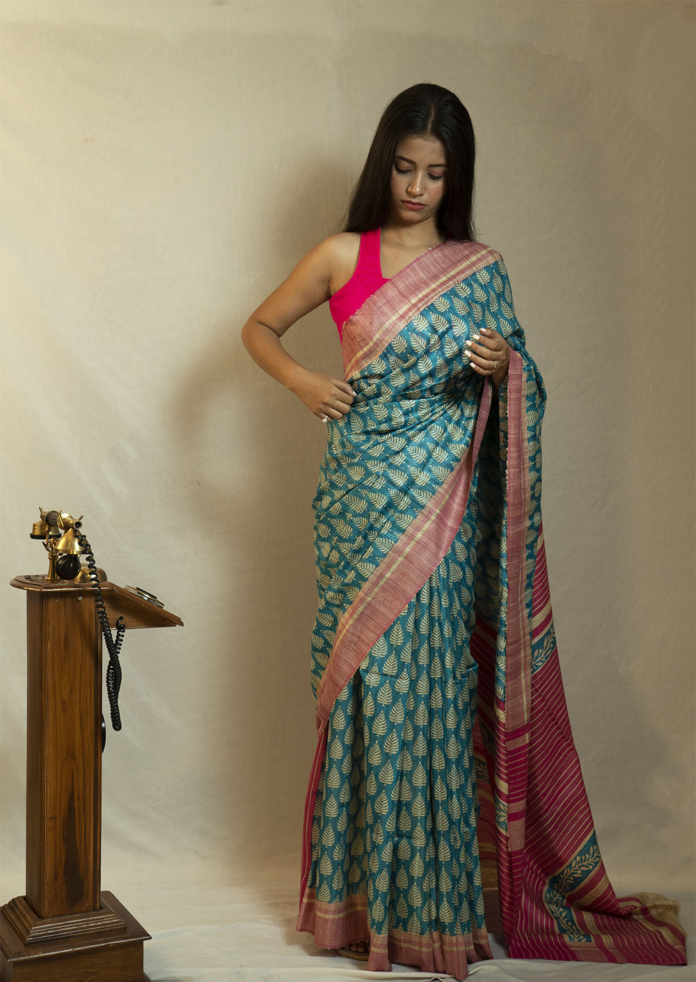 Blue printed Tussar by Ghicha