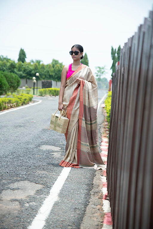 Handloom Ghicha Silk Saree(Beige orange)