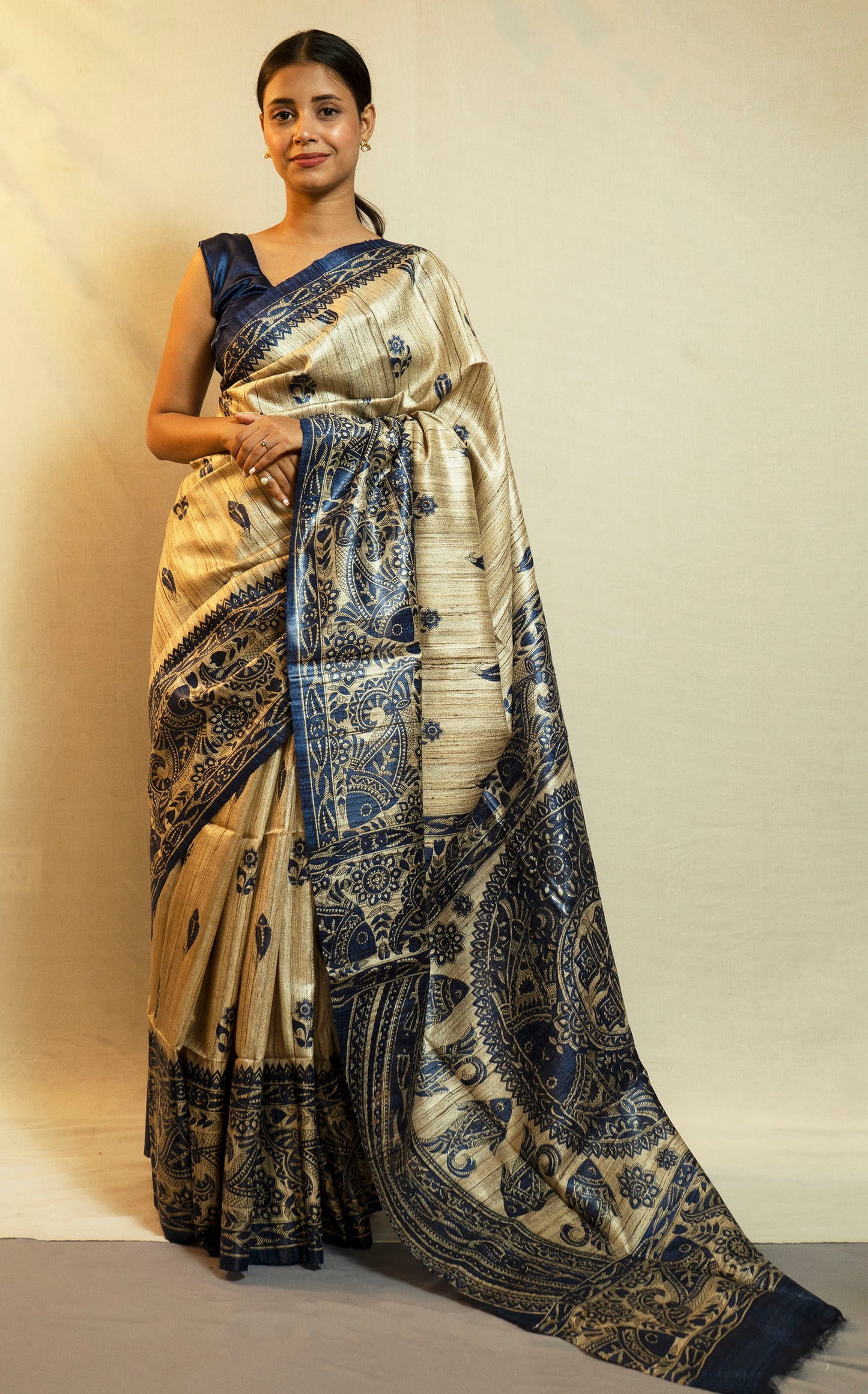 Madhubani Ghicha Sarees (Navy Blue print on Beige colour)