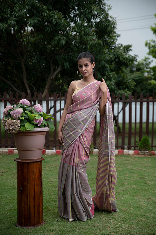 Blush Pink and Gray Katha cotton saree