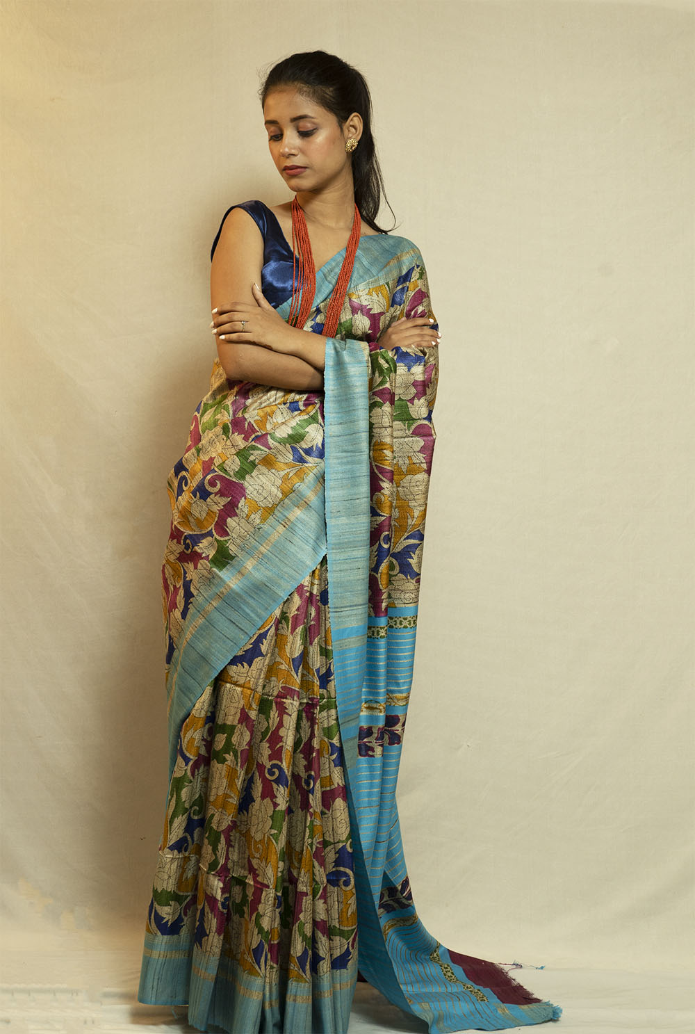 Turquoise Blue printed Ghicha Saree