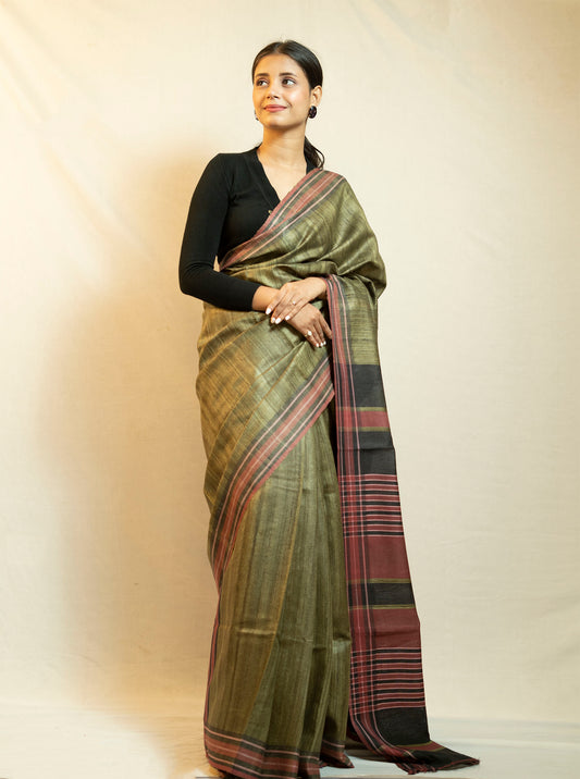 Tussar By Ghicha Silk Saree(Olive Green)