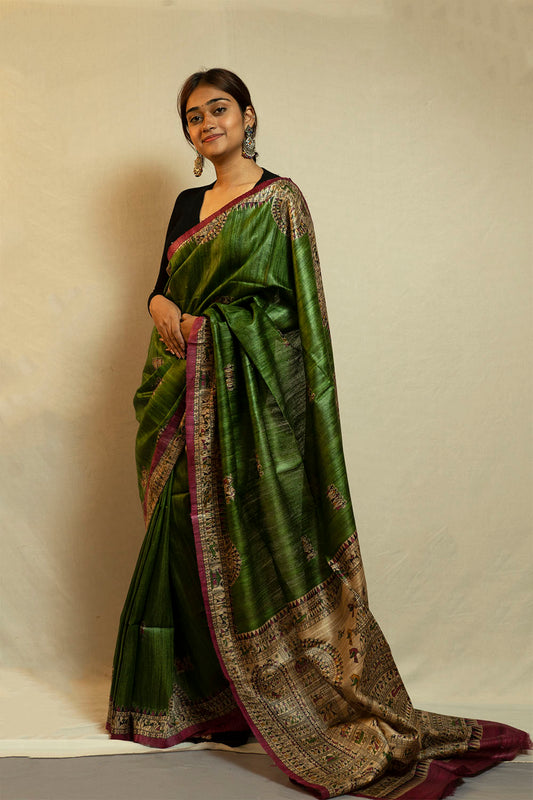 Warli print Olive GreenGhicha Silk