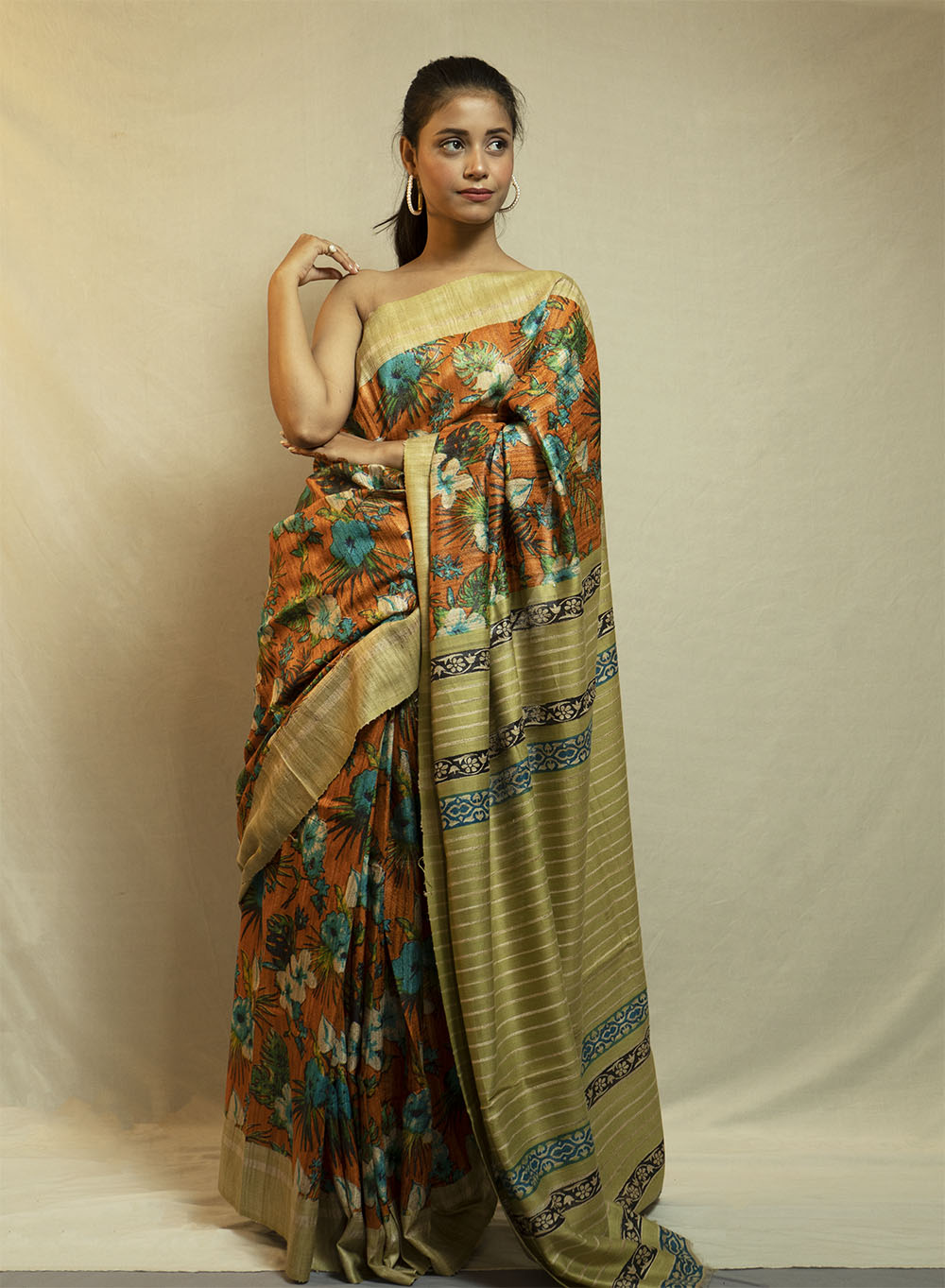 Printed Ghicha Saree (Pista Green and Orange Floral)