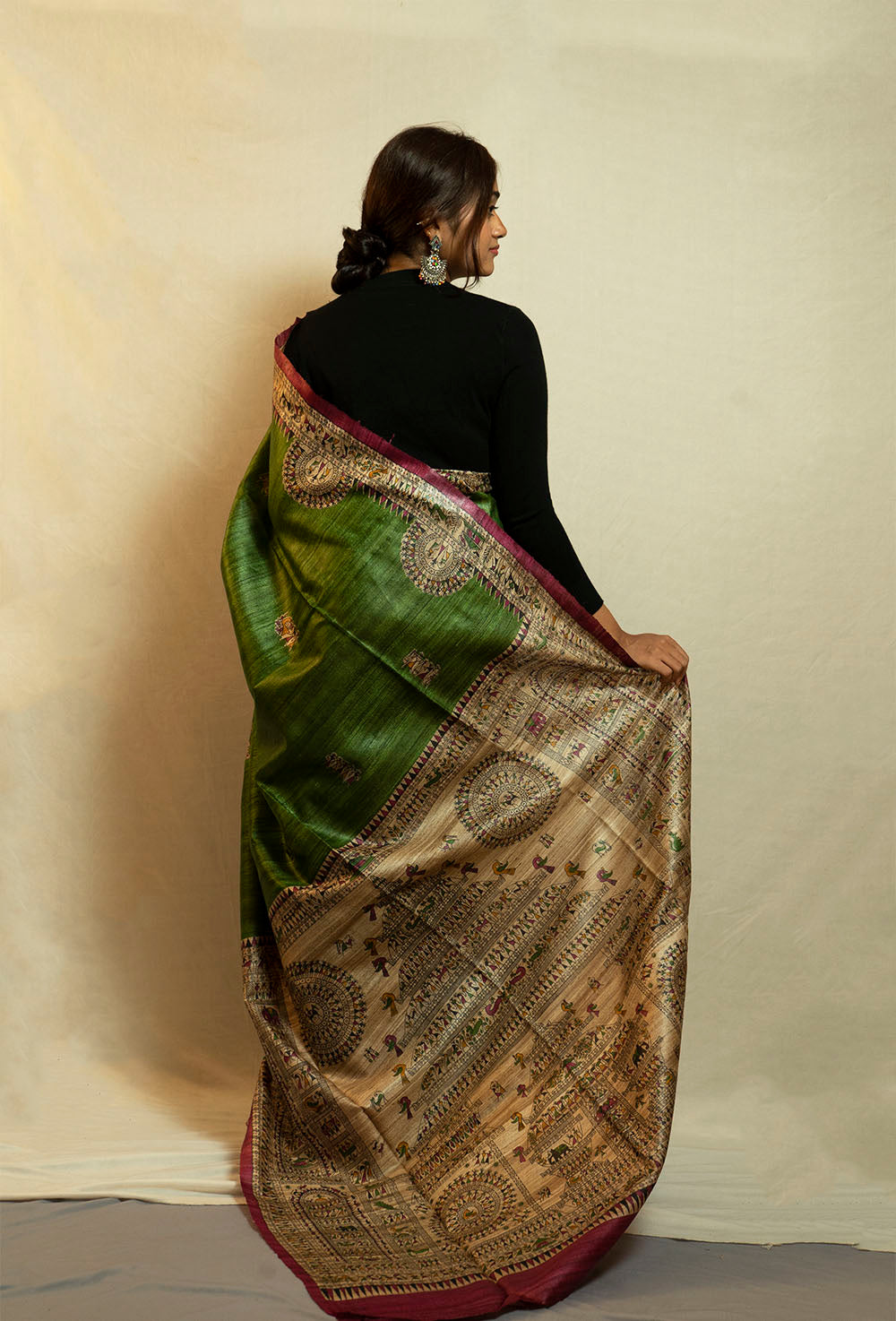 Warli print Olive GreenGhicha Silk