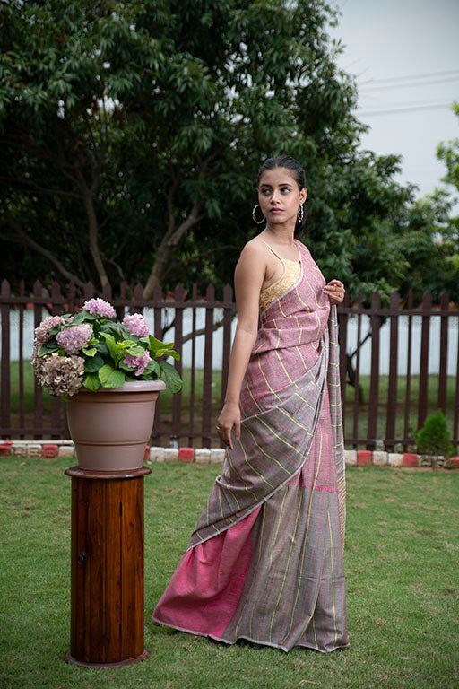 Blush Pink and Gray Katha cotton saree