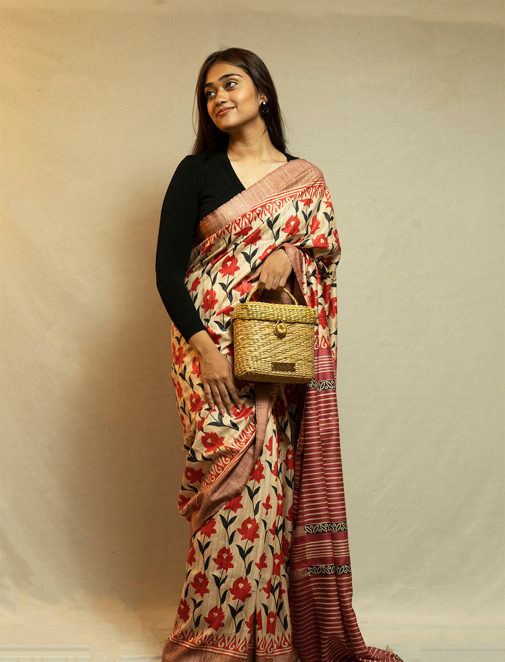 Printed Beige Ghicha Saree(Red)