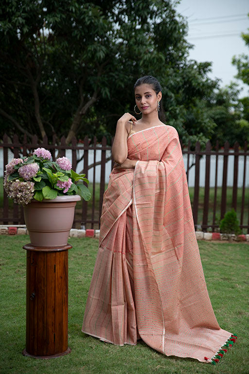 Tangerine Orange Masrize Cotton katha Saree