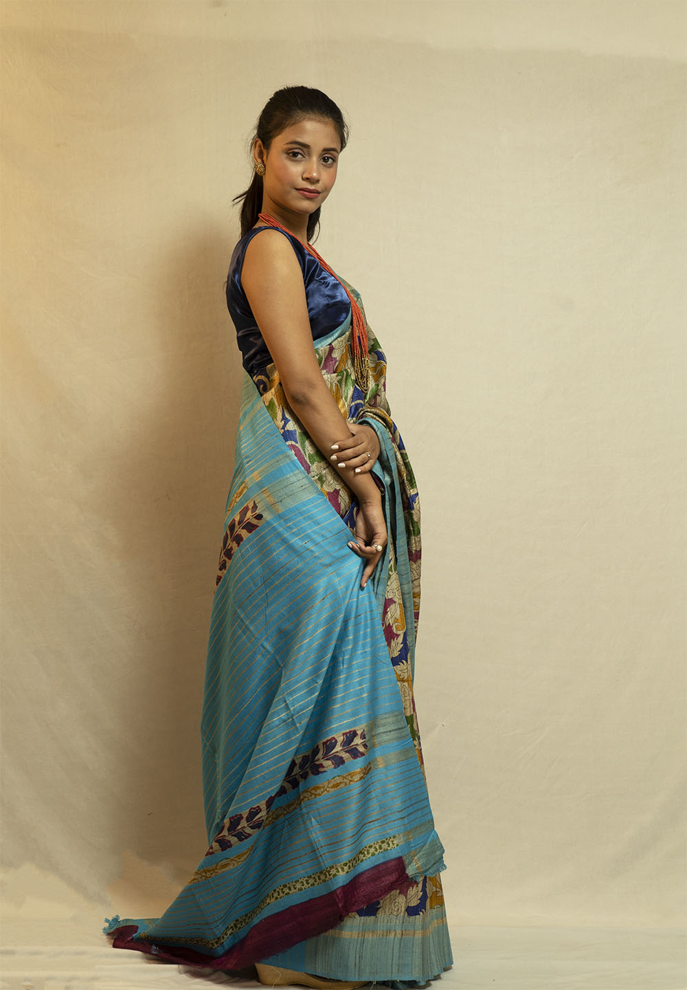 Turquoise Blue printed Ghicha Saree